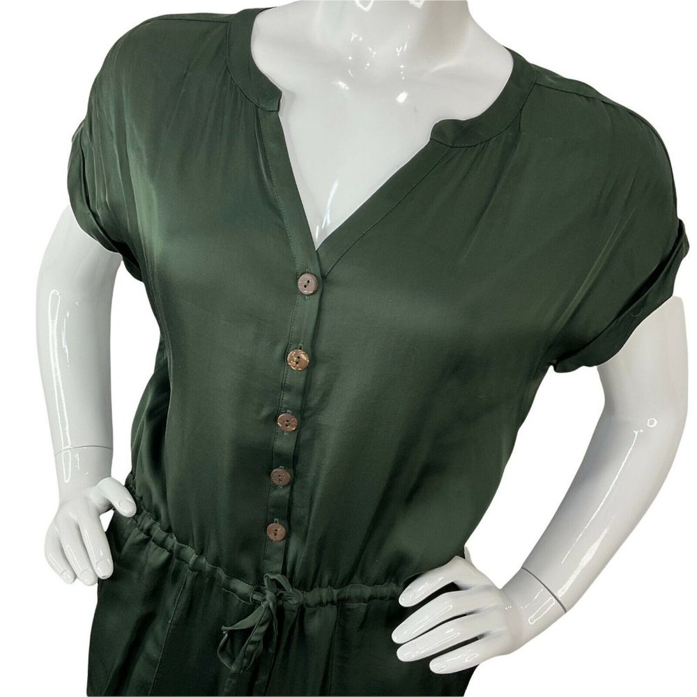 Chaser Romper Womens Size M Green Silky Feel Drawstring Shorts Button Up Nwt $88 - Picture 2 of 9